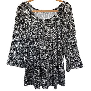 Notations Blouse Womens 2X Black White Tan‎ Animal Print Roll Tab 3/4 Sleeves
